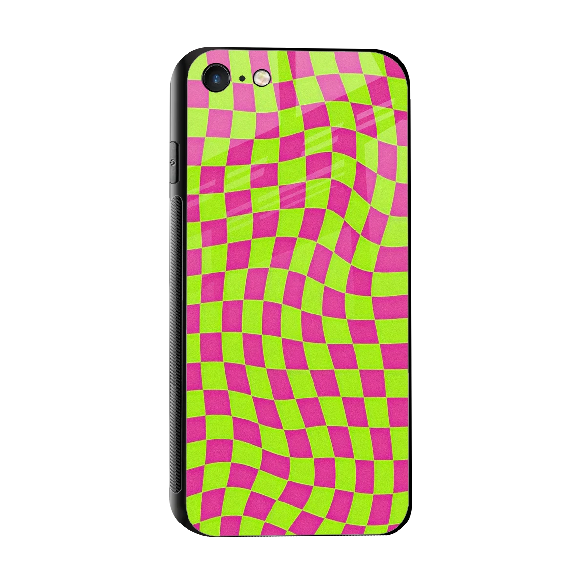 Trippy Green Pink Checkers sleek iphone 7 cover with tempered glass back and TPU edges