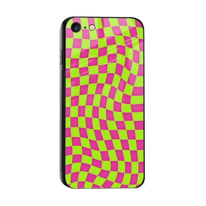 Trippy Green Pink Checkers sleek iphone 7 cover with tempered glass back and TPU edges