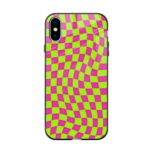 Trippy Green Pink Checkers back phone cover | glass case for iphone xs