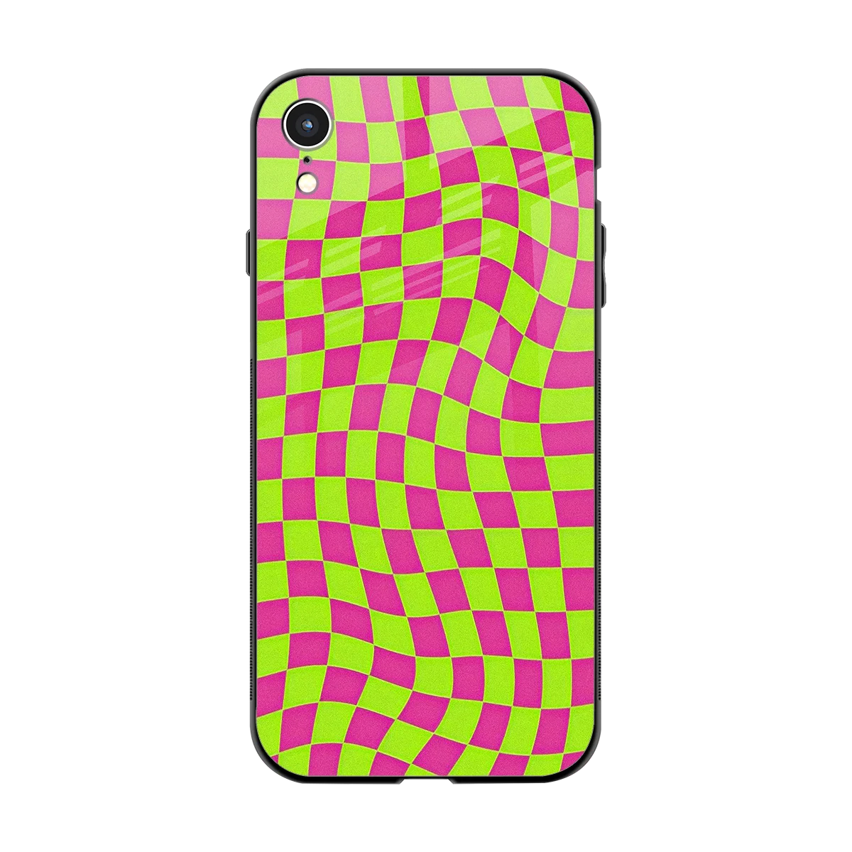 Trippy Green Pink Checkers back phone cover | glass case for iphone xr
