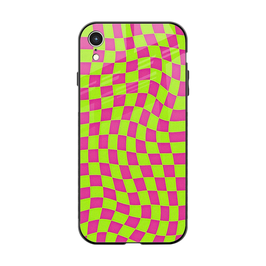 Trippy Green Pink Checkers back phone cover | glass case for iphone xr
