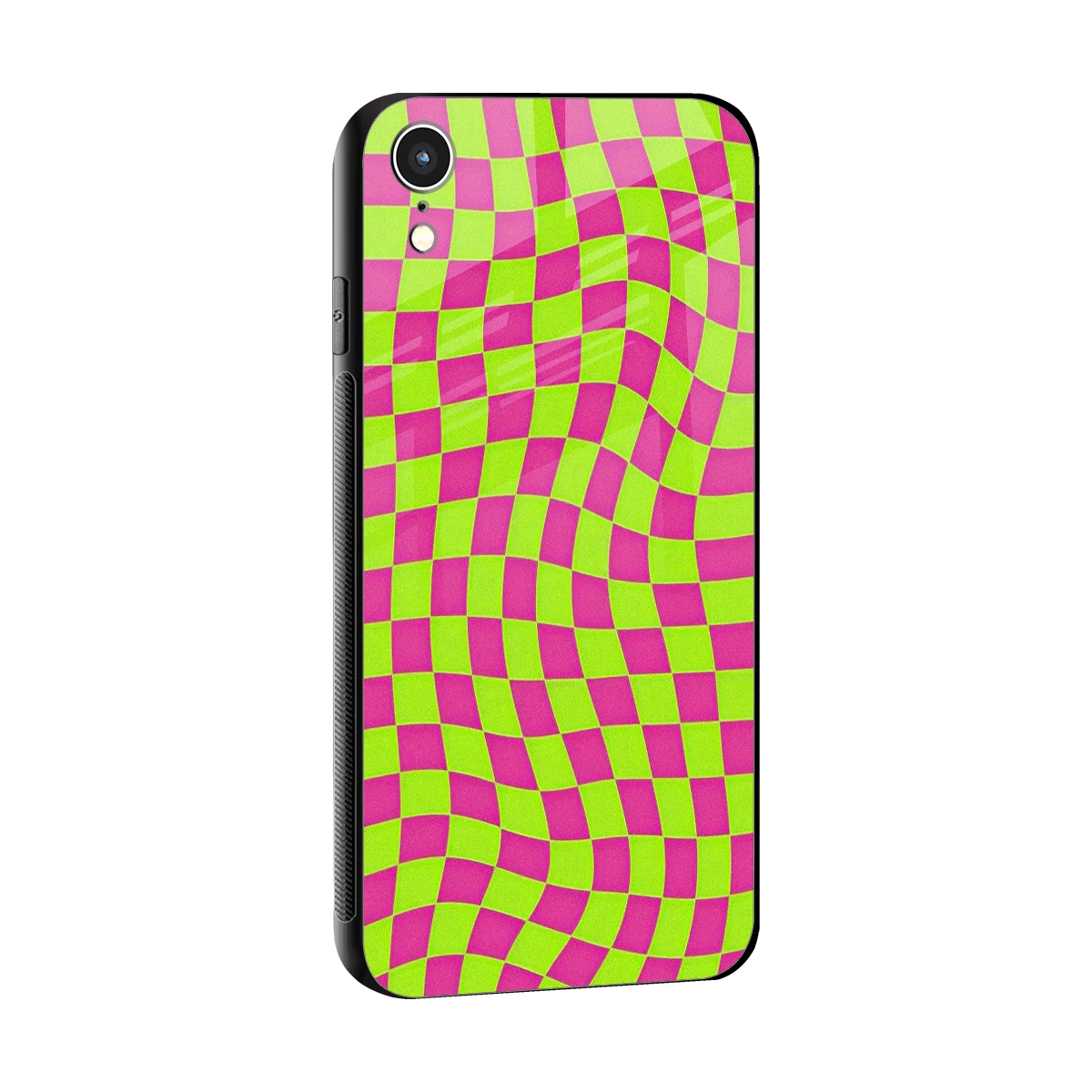 Trippy Green Pink Checkers sleek iphone xr cover with tempered glass back and TPU edges