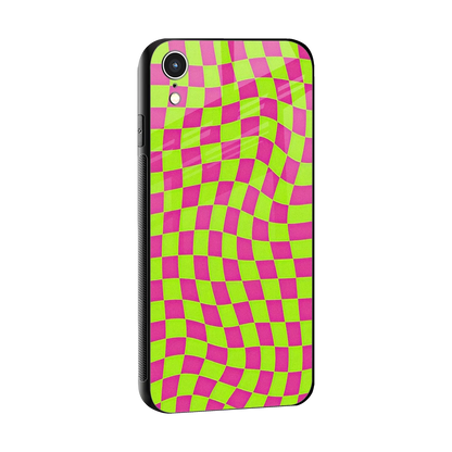 Trippy Green Pink Checkers sleek iphone xr cover with tempered glass back and TPU edges