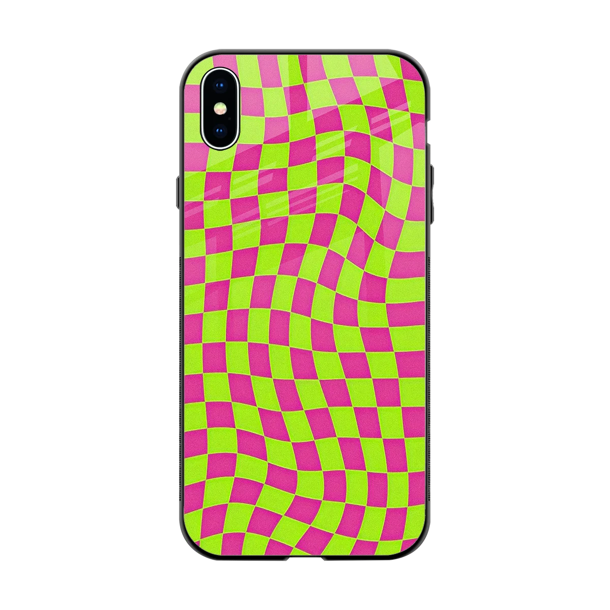 Trippy Green Pink Checkers back phone cover | glass case for iphone xs max