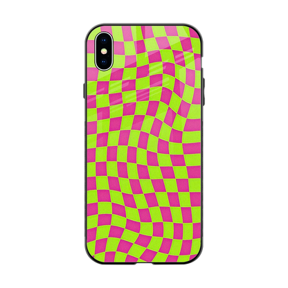 Trippy Green Pink Checkers back phone cover | glass case for iphone xs max