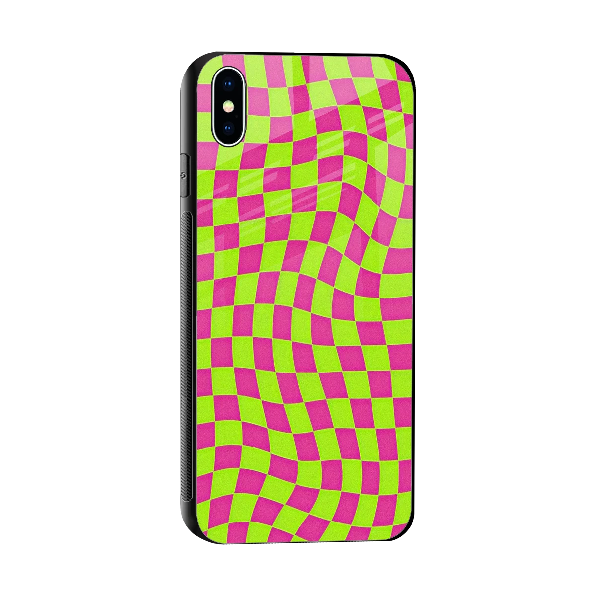 Trippy Green Pink Checkers sleek iphone xs max cover with tempered glass back and TPU edges