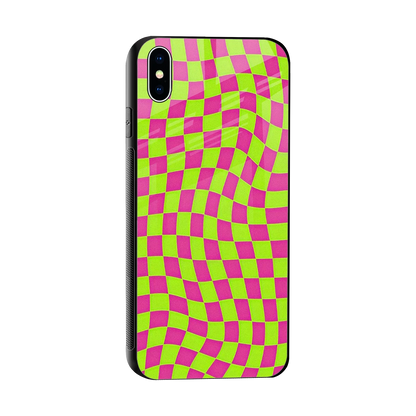 Trippy Green Pink Checkers sleek iphone xs max cover with tempered glass back and TPU edges