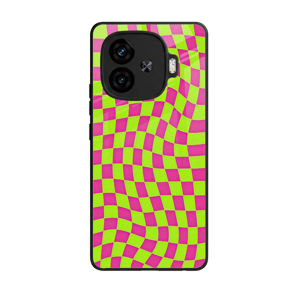 Trippy Green Pink Checkers back phone cover | glass case for iqoo neo 10r 5g