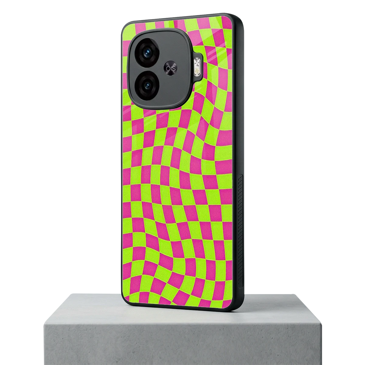 Trippy Green Pink Checkers iqoo neo 10r 5g mobile cover | shockproof glass phone case