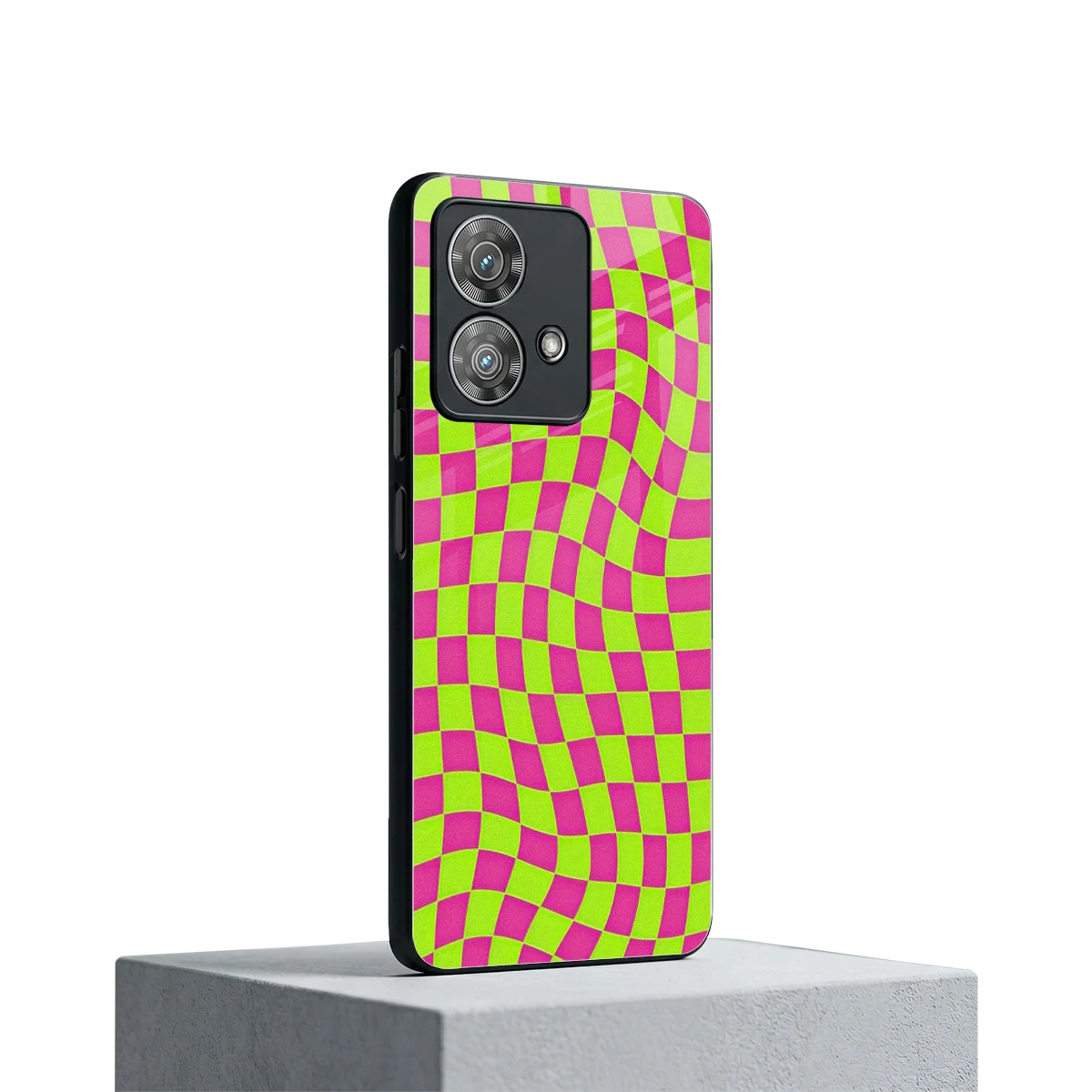 Trippy Green Pink Checkers motorola edge 40 neo 5g mobile cover | shockproof glass phone case