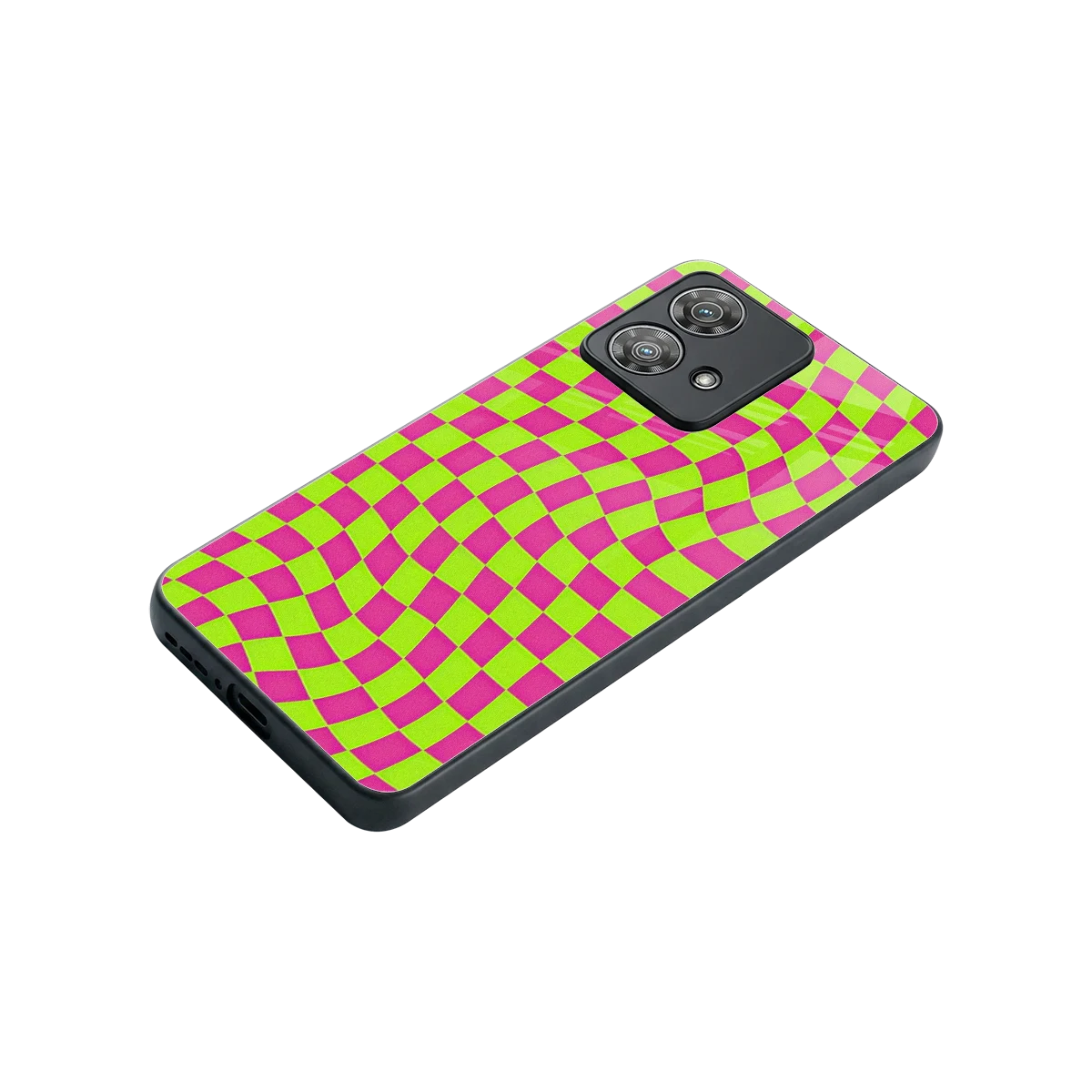 Trippy Green Pink Checkers stylish phone case for motorola edge 40 neo 5g | glossy glass and slim fit