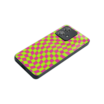 Trippy Green Pink Checkers stylish phone case for motorola edge 40 neo 5g | glossy glass and slim fit