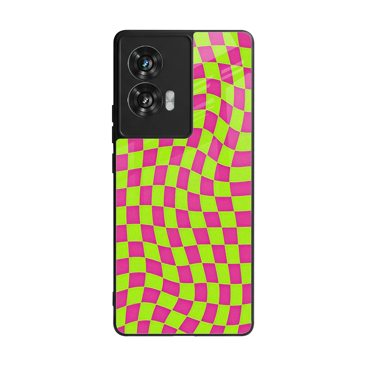 Trippy Green Pink Checkers back phone cover | glass case for motorola edge 50 fusion