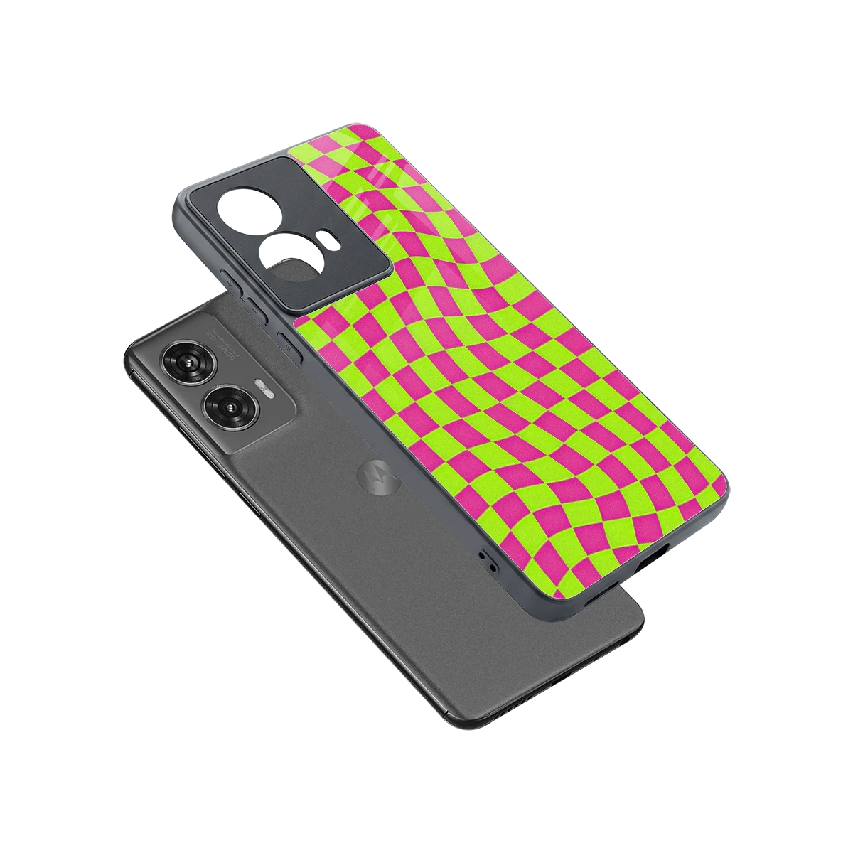 Trippy Green Pink Checkers sleek motorola edge 50 fusion cover with tempered glass back and TPU edges