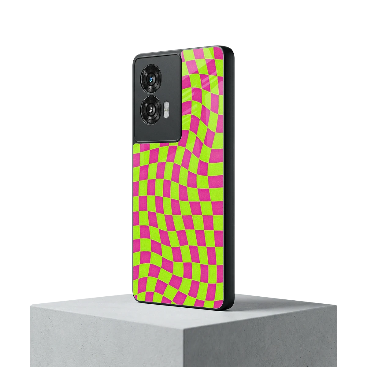 Trippy Green Pink Checkers motorola edge 50 fusion mobile cover | shockproof glass phone case
