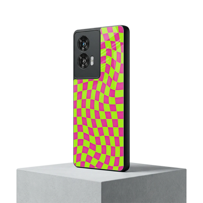 Trippy Green Pink Checkers motorola edge 50 fusion mobile cover | shockproof glass phone case