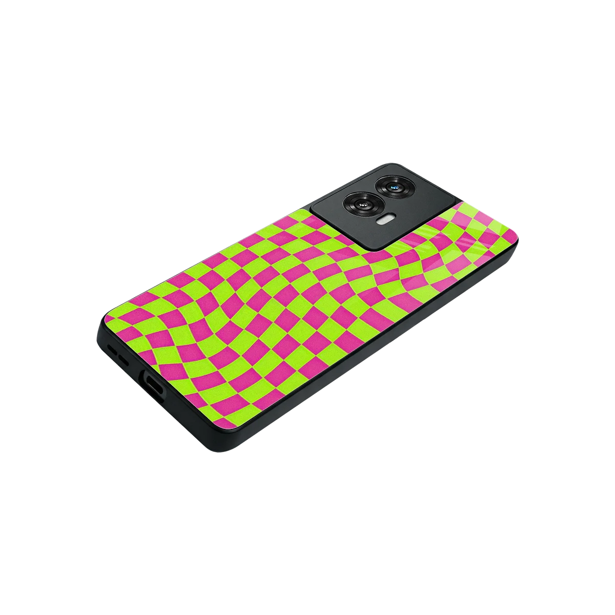 Trippy Green Pink Checkers stylish phone case for motorola edge 50 fusion | glossy glass and slim fit