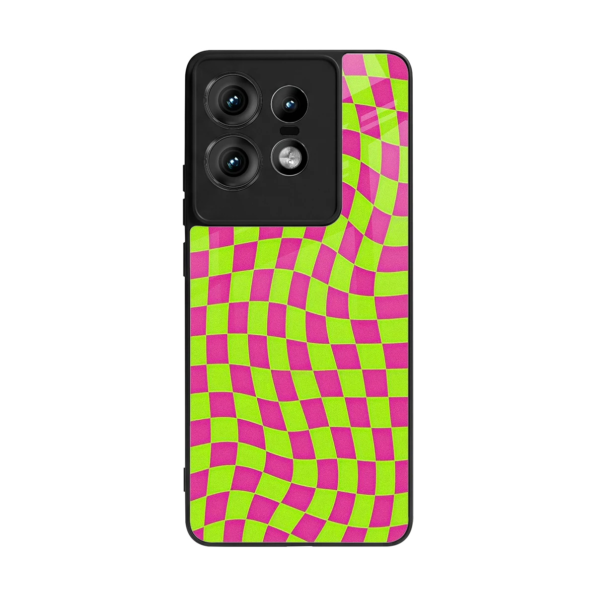 Trippy Green Pink Checkers back phone cover | glass case for motorola edge 50 pro