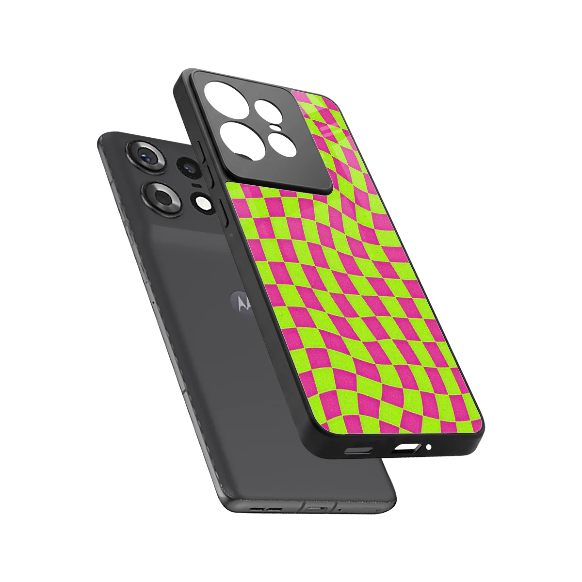 Trippy Green Pink Checkers sleek motorola edge 50 pro cover with tempered glass back and TPU edges