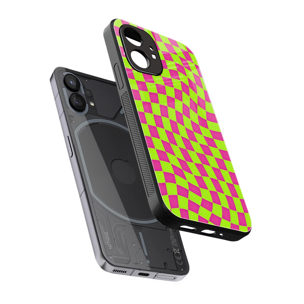 Trippy Green Pink Checkers sleek nothing phone 1 cover with tempered glass back and TPU edges