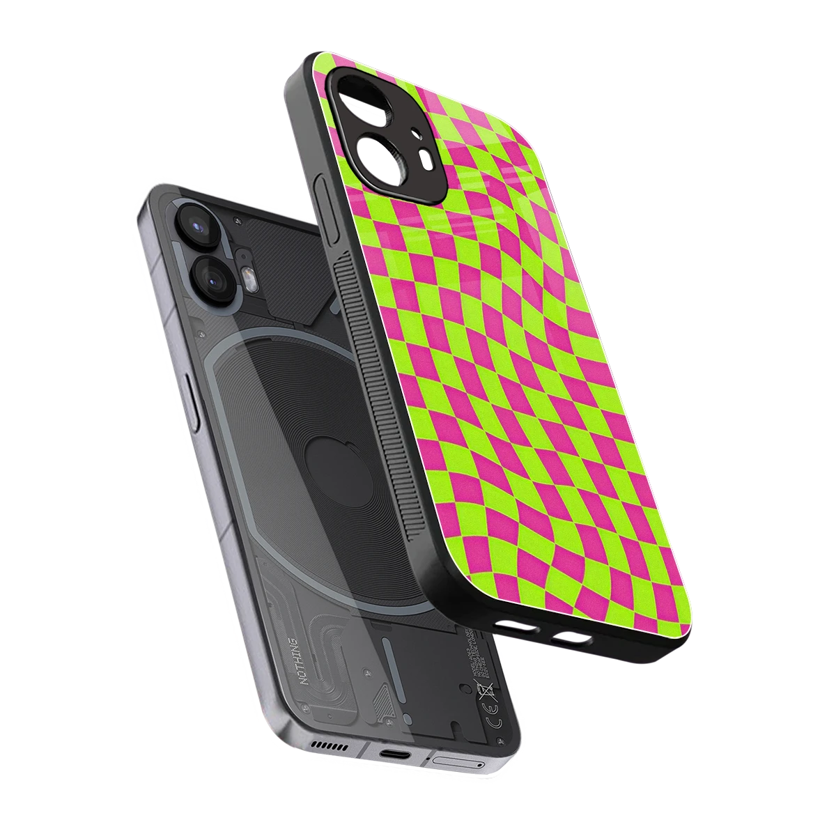 Trippy Green Pink Checkers sleek nothing phone 2 cover with tempered glass back and TPU edges