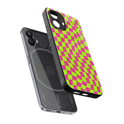 Trippy Green Pink Checkers sleek nothing phone 2 cover with tempered glass back and TPU edges