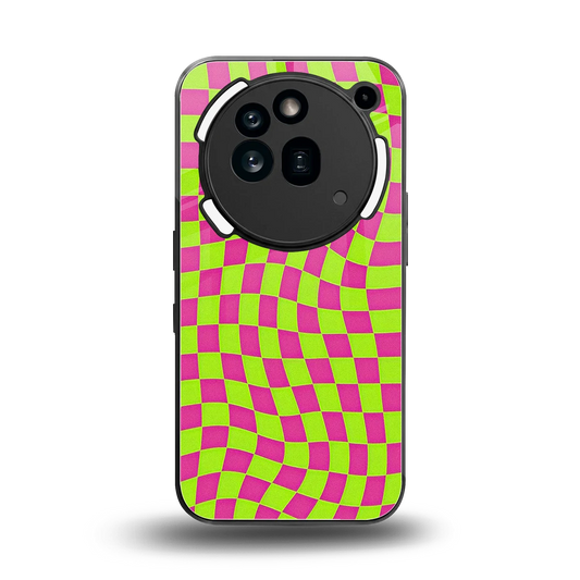 Trippy Green Pink Checkers back phone cover | glass case for nothing phone 3a pro