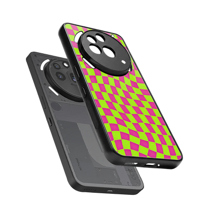 Trippy Green Pink Checkers sleek nothing phone 3a pro cover with tempered glass back and TPU edges