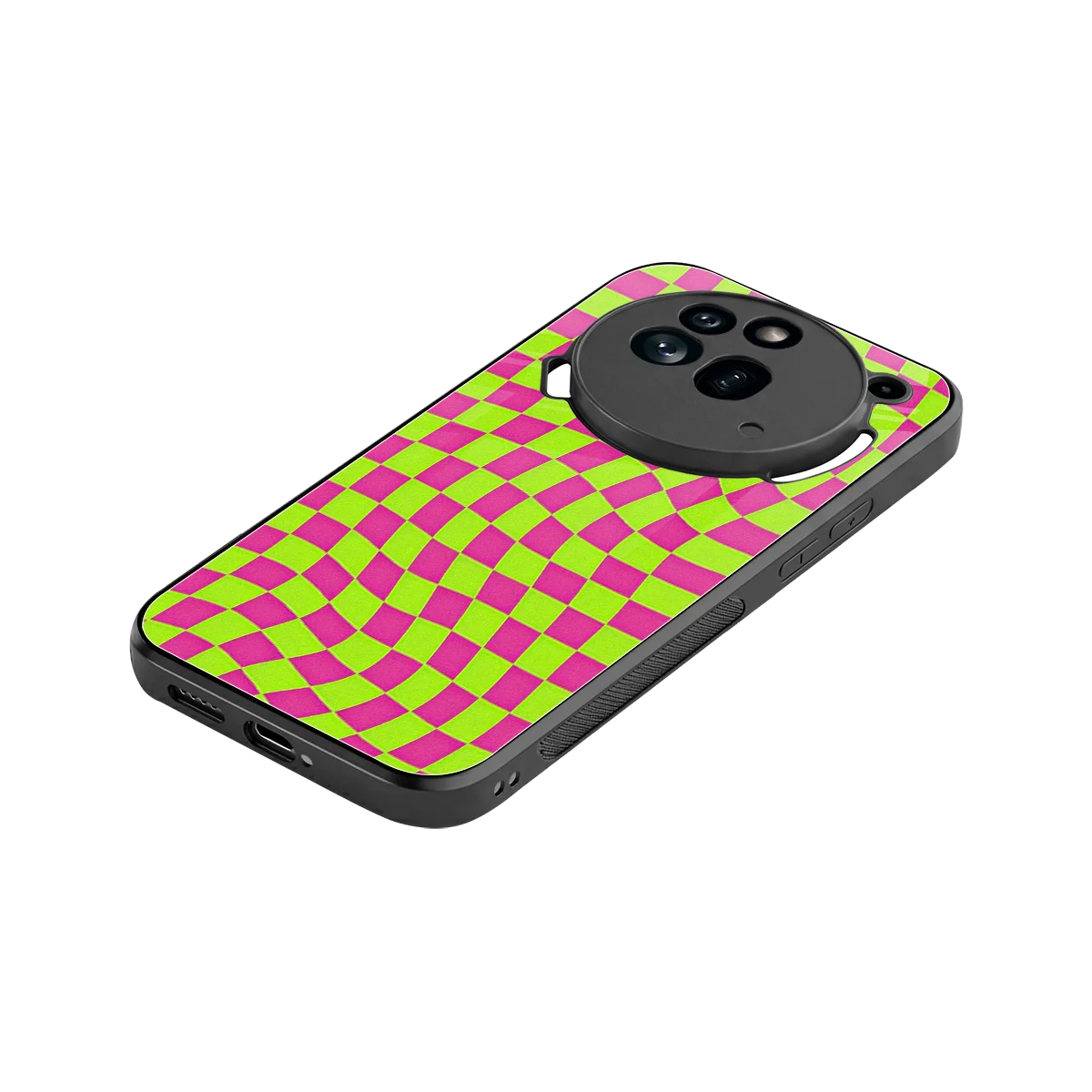 Trippy Green Pink Checkers stylish phone case for nothing phone 3a pro | glossy glass and slim fit