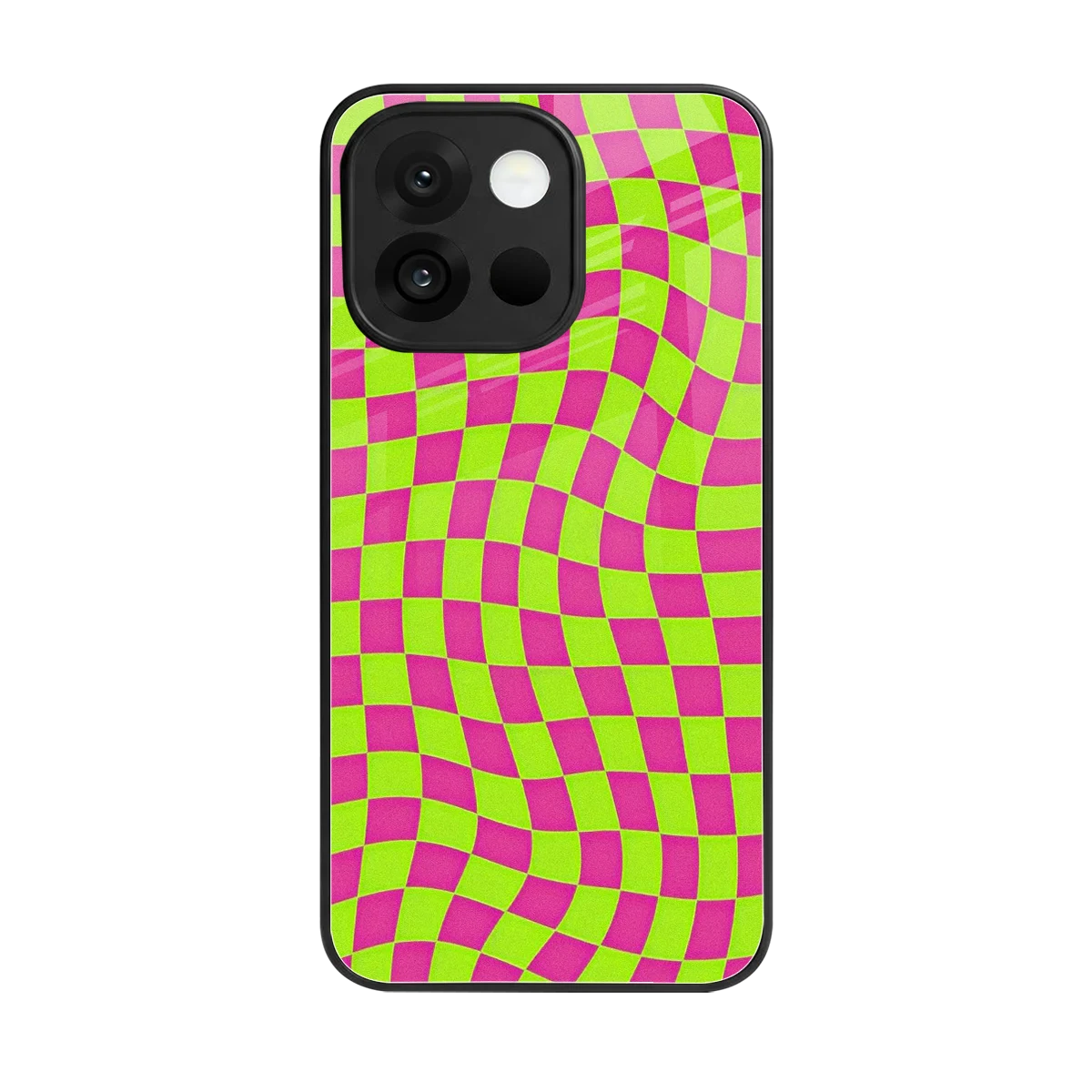 Trippy Green Pink Checkers back phone cover | glass case for oneplus 13s