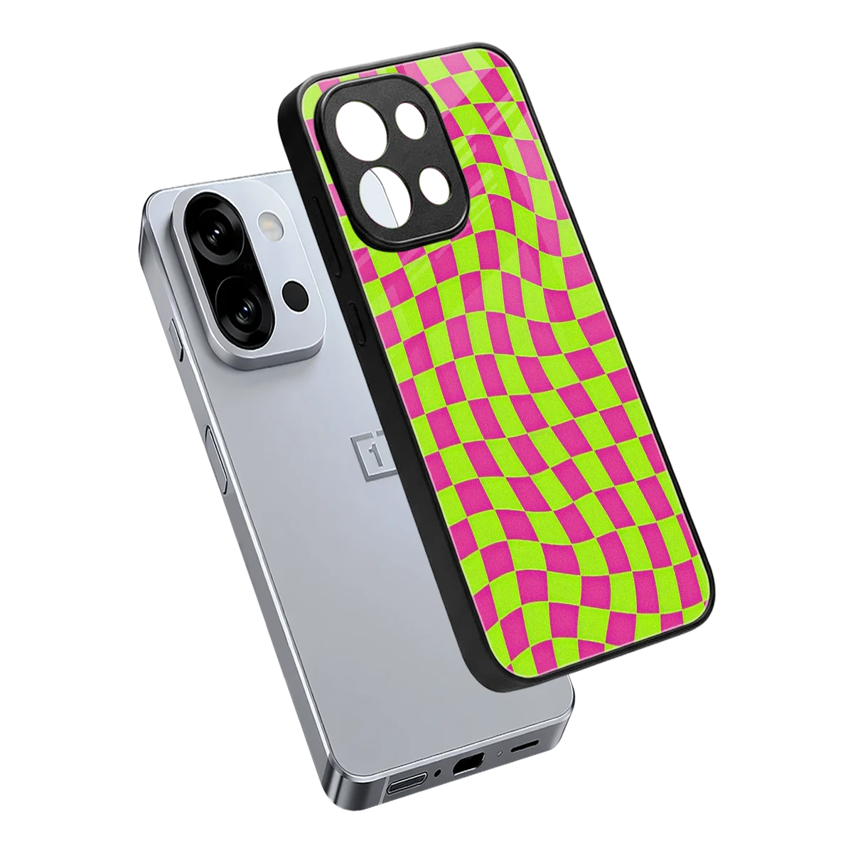 Trippy Green Pink Checkers sleek oneplus 13s cover with tempered glass back and TPU edges