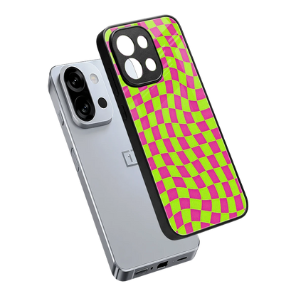 Trippy Green Pink Checkers sleek oneplus 13s cover with tempered glass back and TPU edges