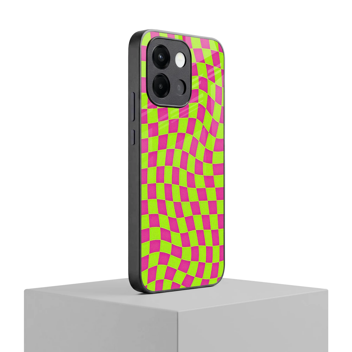 Trippy Green Pink Checkers oneplus 13s mobile cover | shockproof glass phone case