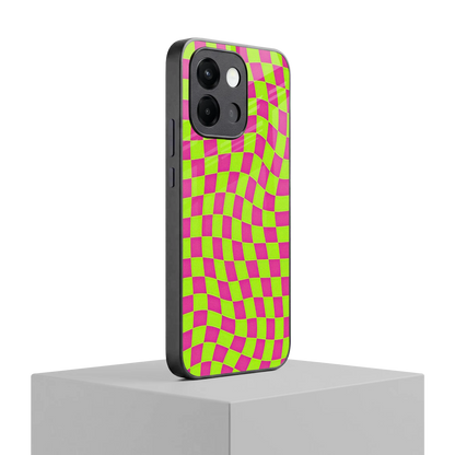 Trippy Green Pink Checkers oneplus 13s mobile cover | shockproof glass phone case