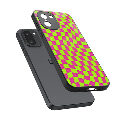 Trippy Green Pink Checkers sleek oneplus 15r cover with tempered glass back and TPU edges