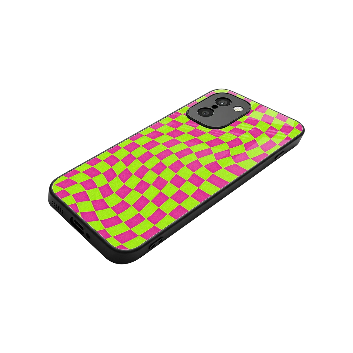 Trippy Green Pink Checkers stylish phone case for oneplus 15r | glossy glass and slim fit