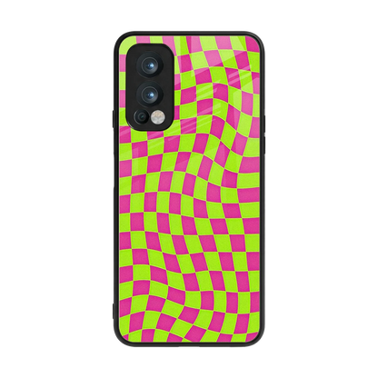 Trippy Green Pink Checkers back phone cover | glass case for oneplus nord 2