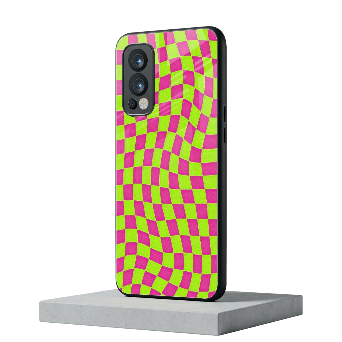 Trippy Green Pink Checkers oneplus nord 2 mobile cover | shockproof glass phone case