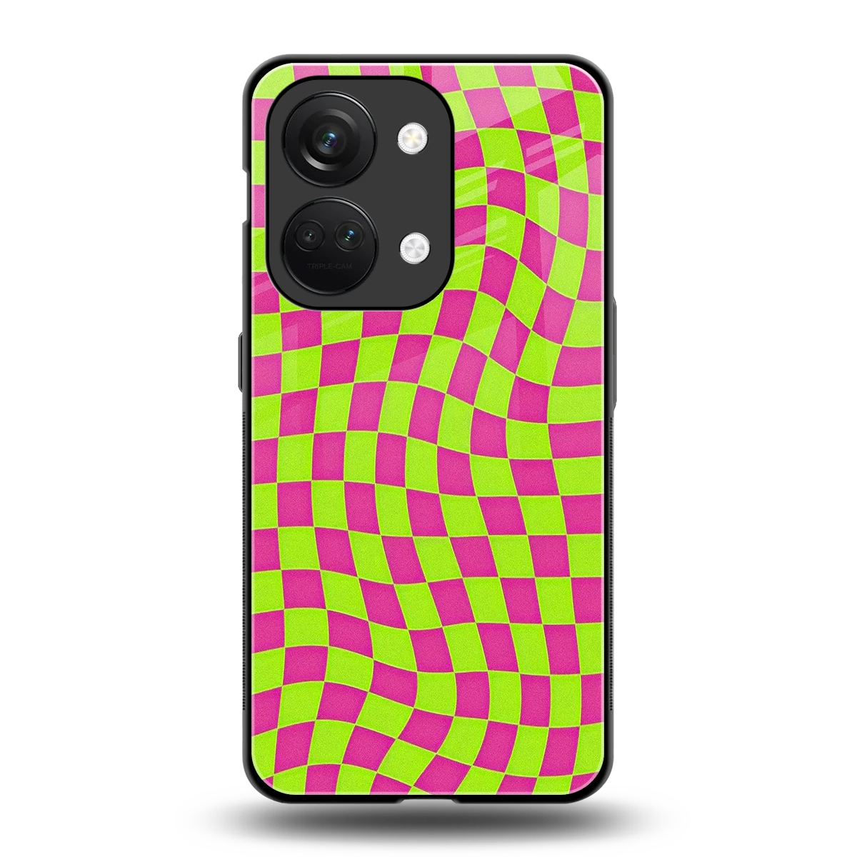 Trippy Green Pink Checkers back phone cover | glass case for oneplus nord 3