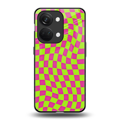 Trippy Green Pink Checkers back phone cover | glass case for oneplus nord 3