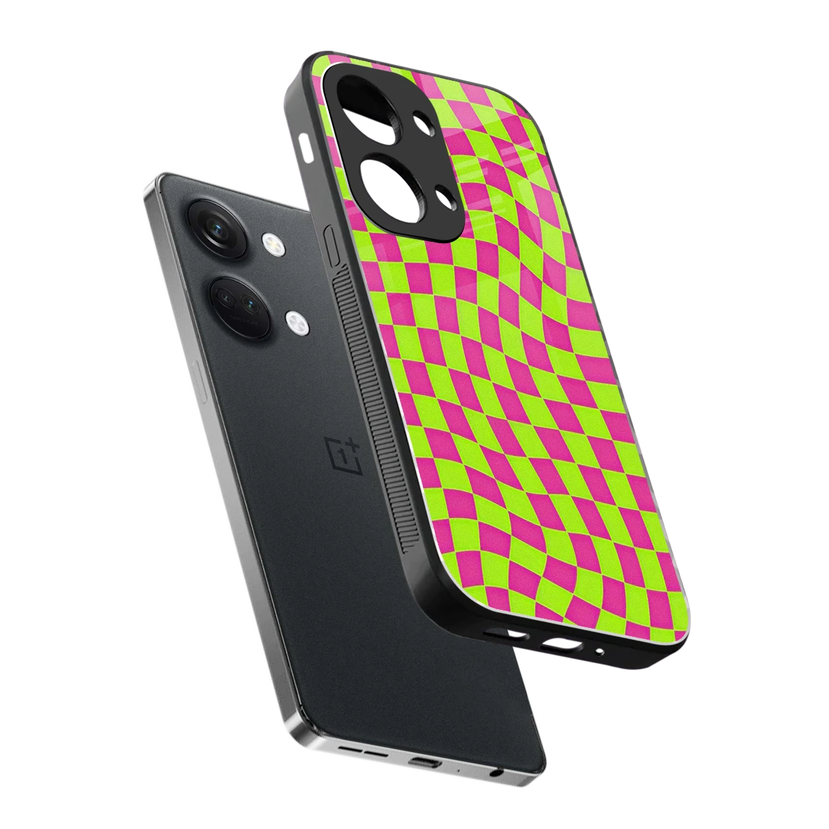 Trippy Green Pink Checkers sleek oneplus nord 3 cover with tempered glass back and TPU edges