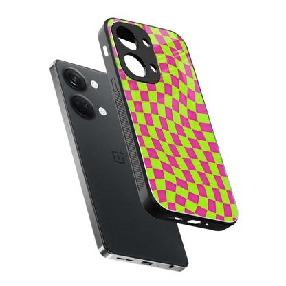 Trippy Green Pink Checkers sleek oneplus nord 3 cover with tempered glass back and TPU edges