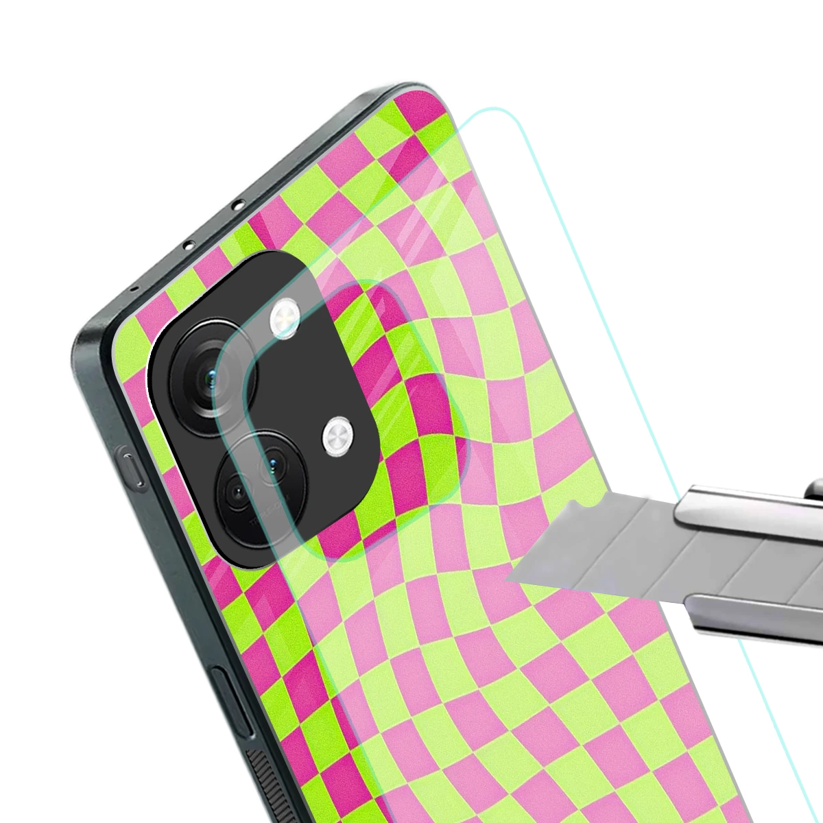Trippy Green Pink Checkers stylish phone case for oneplus nord 3 | glossy glass and slim fit