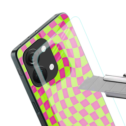 Trippy Green Pink Checkers stylish phone case for oneplus nord 3 | glossy glass and slim fit