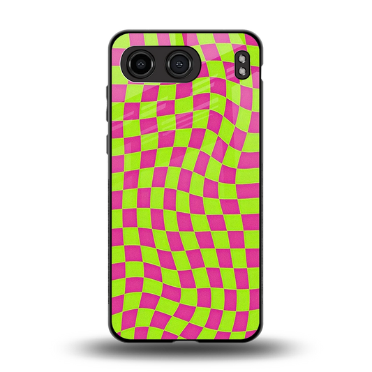Trippy Green Pink Checkers back phone cover | glass case for oneplus nord 4