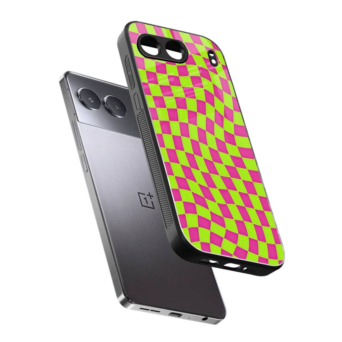Trippy Green Pink Checkers sleek oneplus nord 4 cover with tempered glass back and TPU edges