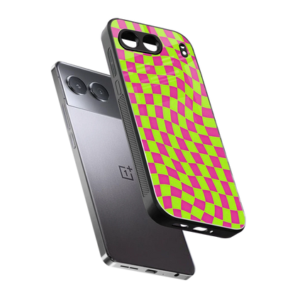 Trippy Green Pink Checkers sleek oneplus nord 4 cover with tempered glass back and TPU edges