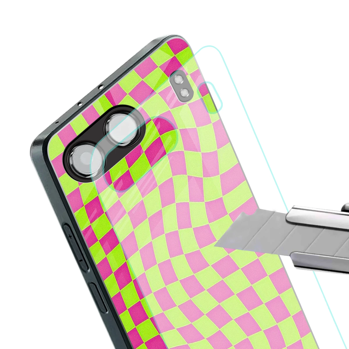 Trippy Green Pink Checkers stylish phone case for oneplus nord 4 | glossy glass and slim fit