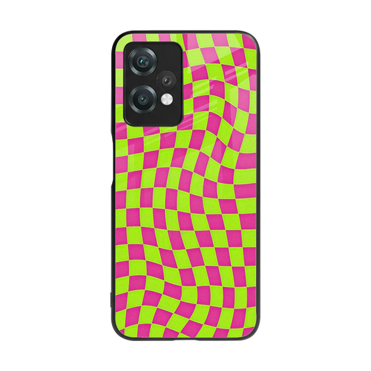 Trippy Green Pink Checkers back phone cover | glass case for oneplus nord ce 2 lite
