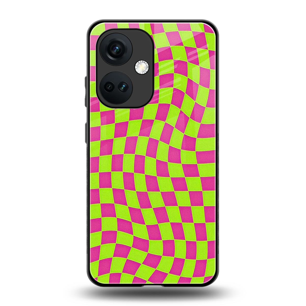 Trippy Green Pink Checkers back phone cover | glass case for oneplus nord ce 3